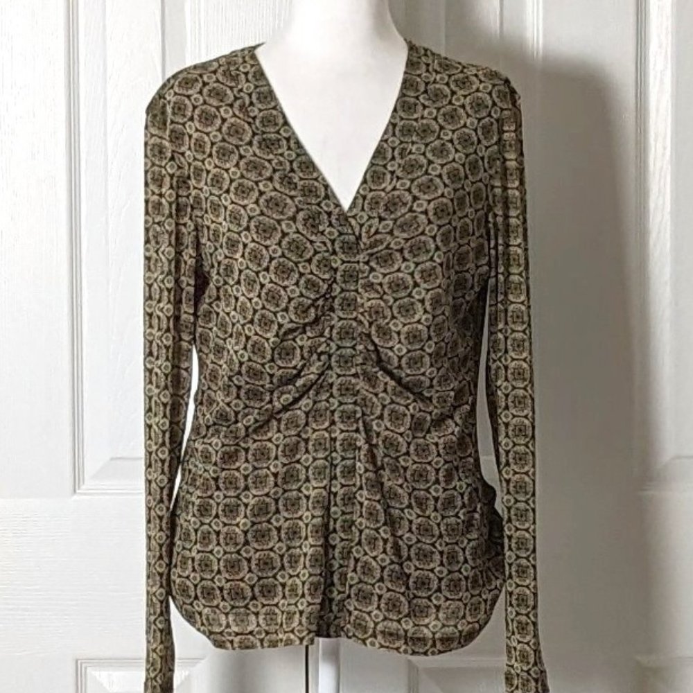 NEW YORK & CO Women's Long Sleeve Top Blouse  Size XL  Brown Multi Print